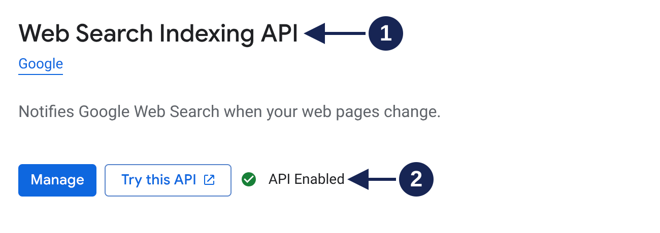 Web Search Indexing API details showing Manage and API Enabled.