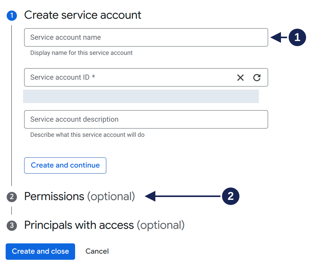 Empty Create service account form showing the name field and optional Permissions step.
