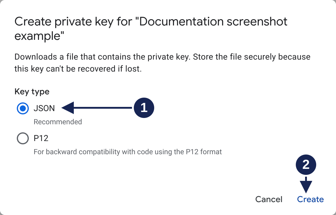 Create private key dialog with JSON selected and the Create button visible.